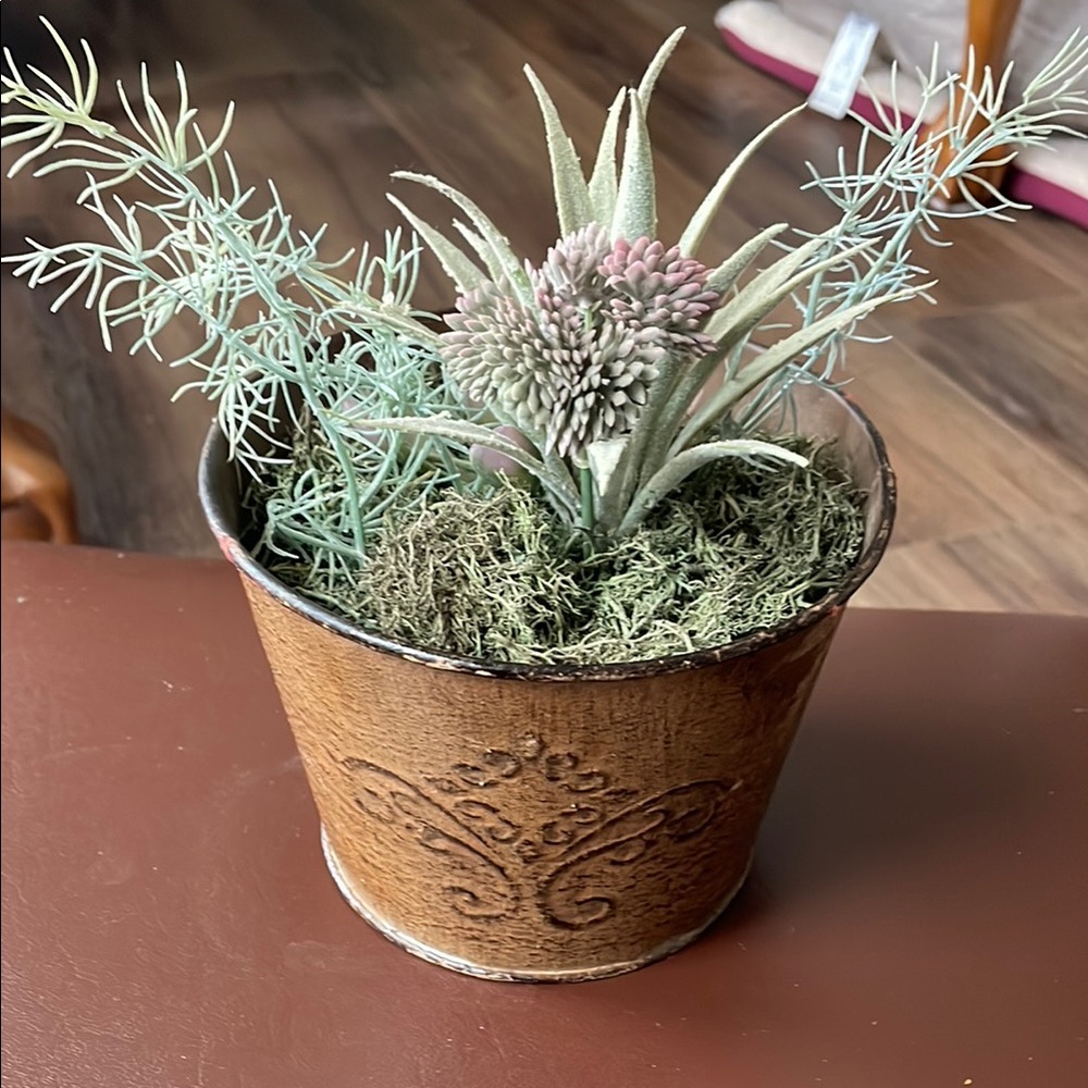 Rustic Brown Planter with Green Faux Succulents